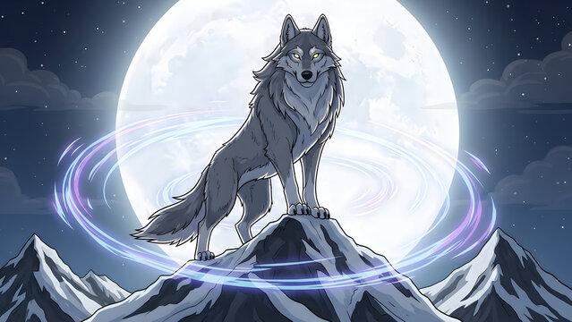 Majestic Pixel Art Wolf on Snowy Mountain Under Full Moon with Ethereal Rings