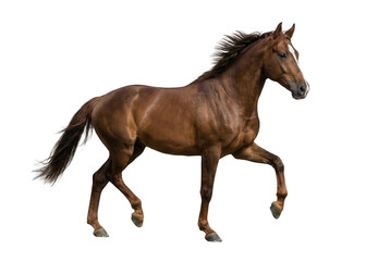 Obraz premium Brown horse trotting isolated on white background side view