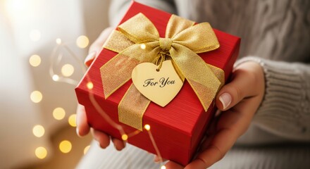 Festive red gift box with golden ribbon and heart-shaped tag reading “For You”, symbolizing love and celebration for Christmas, Valentine’s Day, birthday, anniversary, and special occasions