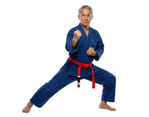 Senior man practicing martial arts stance in blue karate uniform