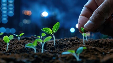 Close-Up of Hand Transplanting Seedling into Dark Soil at Night with Urban Background