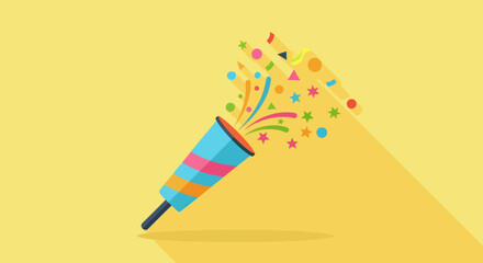 Party popper shooting colorful confetti against a yellow background © Tukang
