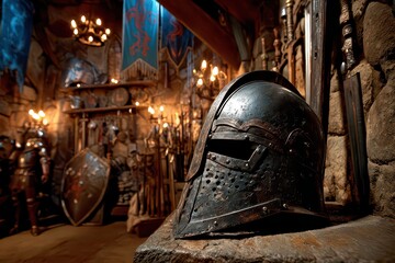 Antique Iron Helmet Displayed In Dimly Lit Medieval Armory With Torches And Banners