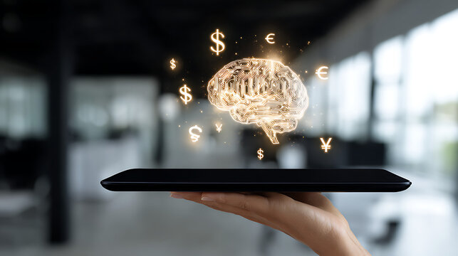 Glowing digital brain with currency symbols above tablet technology - Powered by Adobe