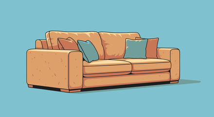 A cartoon-style beige sofa with blue pillows against a blue background.