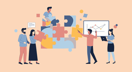 Business team collaborating to solve a puzzle and analyze data.