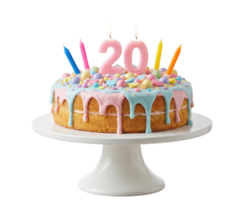 Colorful 20th birthday cake with candles and pastel icing on stand