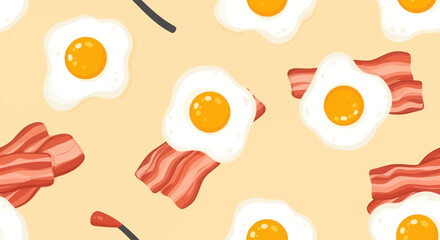 Seamless pattern of fried eggs and bacon strips on a yellow background.