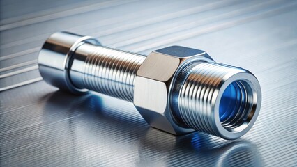 Close-up view of a precision-engineered metallic fastener with a threaded shaft and a hexagonal nut, resting on a brushed steel surface, showcasing its intricate details and reflective sheen.