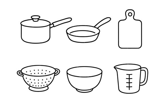 Collection of simple line art kitchen utensils including a pot, pan, cutting board, colander, bowl, and measuring cup