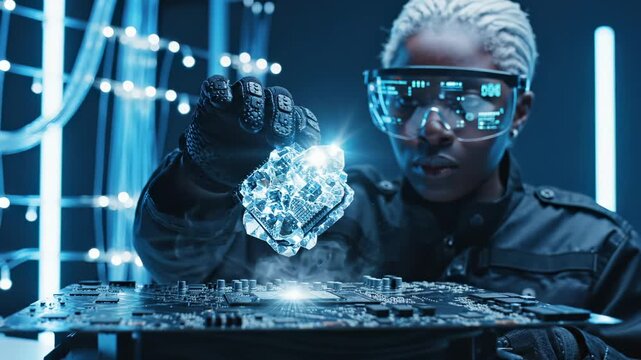 Engineer holds holographic processor chip above circuit board with smart glasses. Technician examines chip using futuristic display. Engineer analyzes processor with holographic technology.