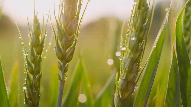 Dewy Wheat Blades at Sunrise