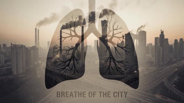 A hauntingly artistic image showcases an overlay of human lungs against a polluted urban landscape. Highlighting the impact of the air quality on our body and the city's ability to live.