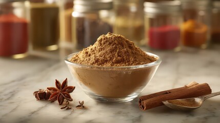 Aromatic Spice Blend In A Glass Bowl With Star Anise And Cinnamon Sticks On A Marble Surface