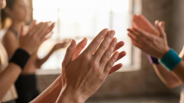 A group of individuals claps enthusiastically in a display of support and appreciation, hands together in unison, bathed in a warm, inviting light. 