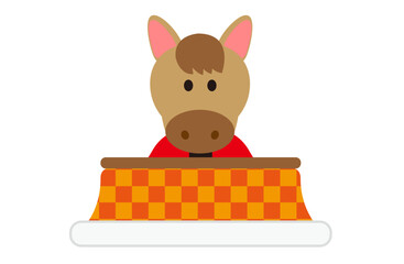 こたつに入って暖まるかわいい馬のイラスト