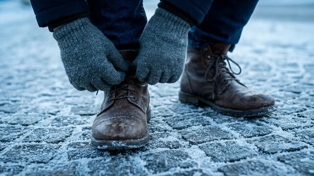Close-up of a person tying the laces of their weathered boots, capturing the essence of preparation amidst a cold, wintry scene.