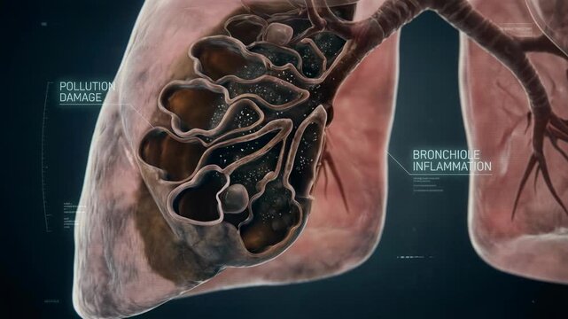 A detailed anatomical illustration of a lung affected by pollution and inflammation, serving as a powerful visual to underscore the detrimental effects on human respiratory health.