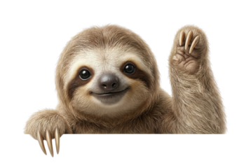 Cute smiling sloth waving paw isolated on white background