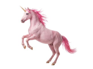 Pink unicorn rearing up on white background fantasy illustration