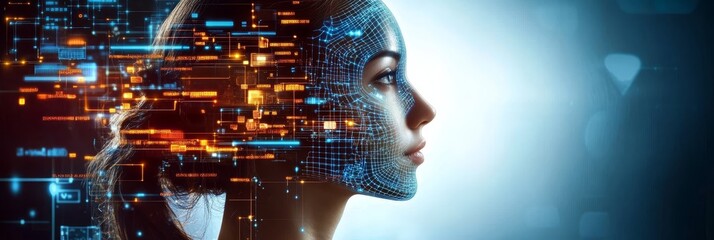 Futuristic portrayal of a woman as an artificial intelligence in a digital network of technology