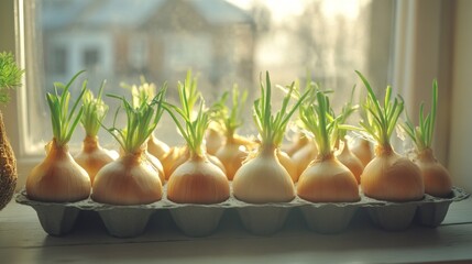 Green onion shoots on the windowsill symbolise growth and sustainability — an appropriate backdrop for culinary articles and urban gardening projects.