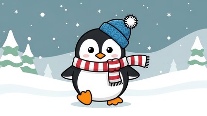 Adorable Penguin Wearing Winter Hat and Scarf in Snowy Landscape