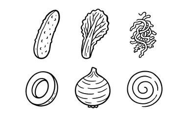 Hand-drawn collection of six different vegetables and food items in black and white