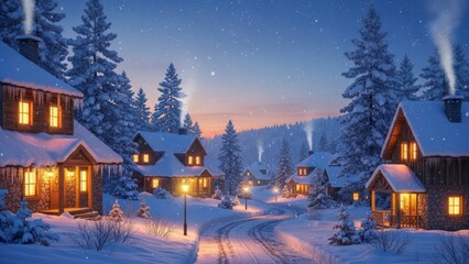 Fototapeta premium Cozy Snowy Village at Dusk with Warmly Lit Houses and Snow-Covered Trees