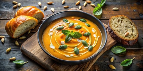 Creamy Autumnal Soup with Bread and Seeds in a Rustic Setting