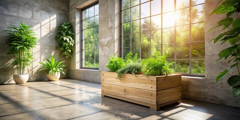Sunlit Indoor Garden with Lush Greenery in a Modern Room Featuring a Wooden Planter Box
