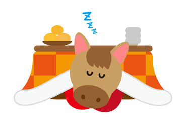 こたつでくつろぐ馬のかわいい年末年始イラスト