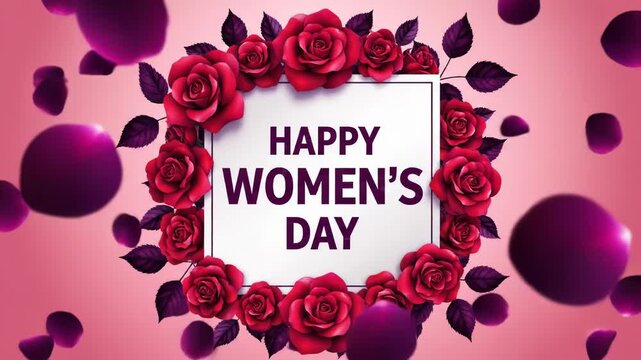 Happy womens day greeting card with beautiful red rose flower frame and falling purple petal illustration on pink background