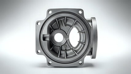 Fototapeta premium Precision machined metal housing component casting displayed against a clean white studio background