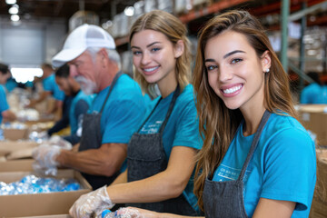 Obraz premium Volunteers pack supplies in a warehouse for community support during daylight hours
