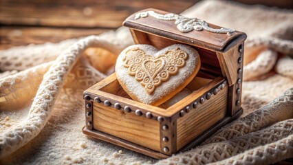 A heart-shaped cookie, delicately adorned with an intricate lace pattern and dusted with powdered sugar, rests inside a rustic wooden treasure chest, nestled amongst a soft, textured fabric.