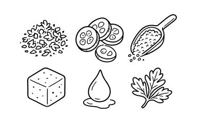 Hand-drawn icons of food ingredients including herbs, spices, and liquids