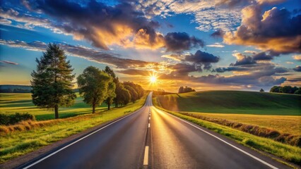 Asphalt Road Leading to a Vibrant Sunset Over Rolling Hills and Lush Green Fields