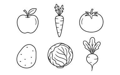Simple line art illustrations of six common fruits and vegetables on a white background