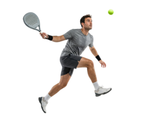 Athletic man playing padel tennis jumping to hit ball isolated on white