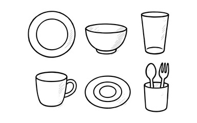 Hand-drawn collection of simple kitchenware items including plates, bowls, cups, and cutlery