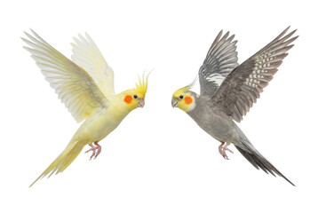 Fototapeta premium Two flying cockatiels facing each other isolated on white background