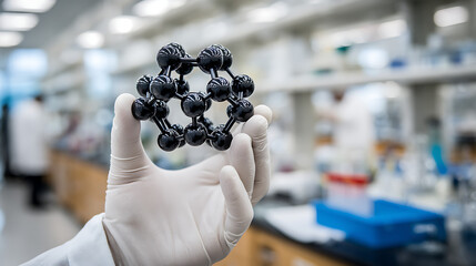 Hand holding black molecular structure model in laboratory molecule science