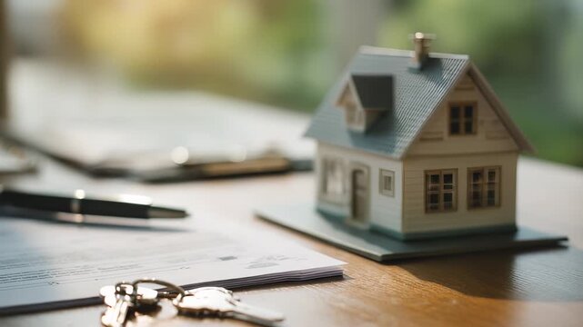 Client signing contract agent, keys close to model house, agreement confirmed by homeowner. Agent client key agreement, signing document with model house, contract complete. House model near contract.