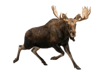 Running bull moose isolated on white background