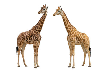Naklejka premium Two giraffes standing facing each other isolated on white background
