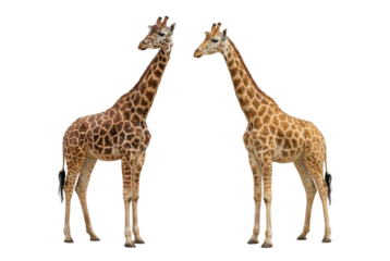 Two giraffes standing facing each other isolated on white background