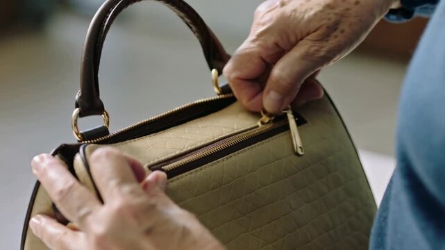 An elderly person's hands are shown zipping up a light-colored handbag with brown handles. The focus is on the hands and the bag.