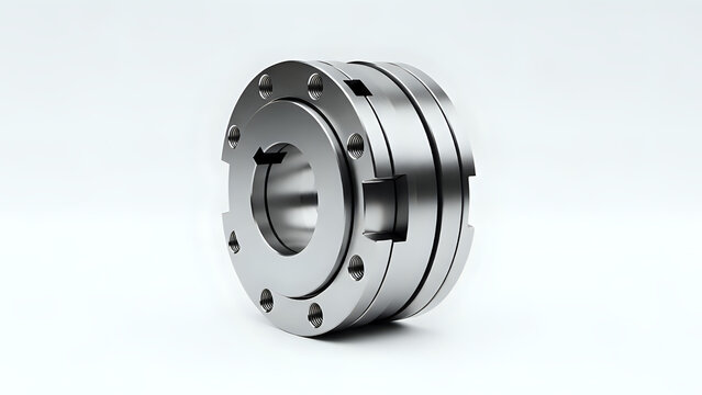 Polished metal disc coupling component featuring bolt holes and keyway slots against a - Powered by Adobe