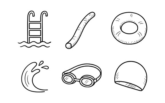 Hand-drawn icons representing swimming pool accessories and water elements